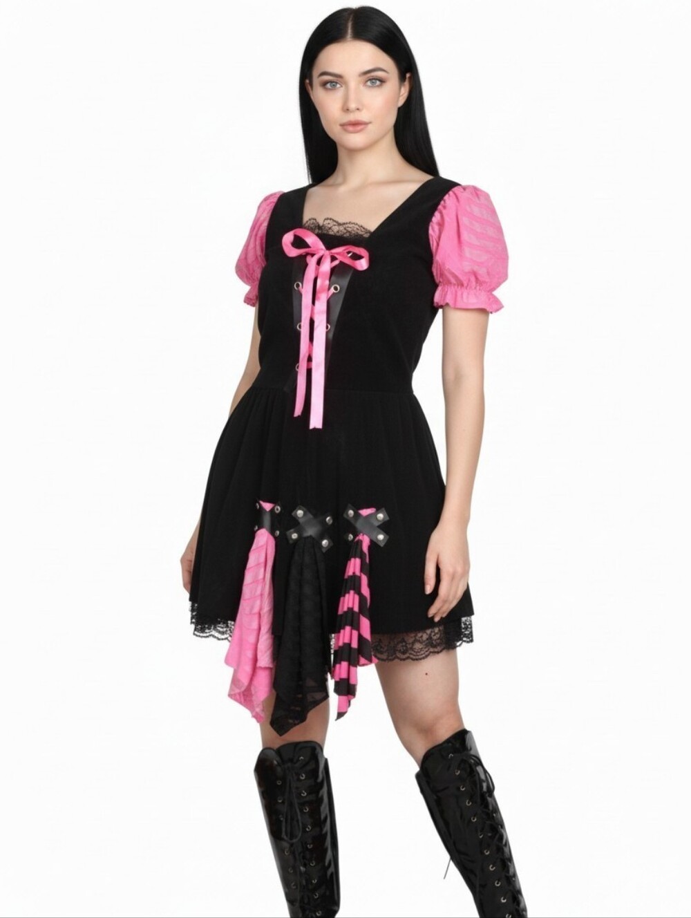 Gothic Wench Puff Sleeve Dress Halloween Cosplay Black and Pink Lace-Up XL